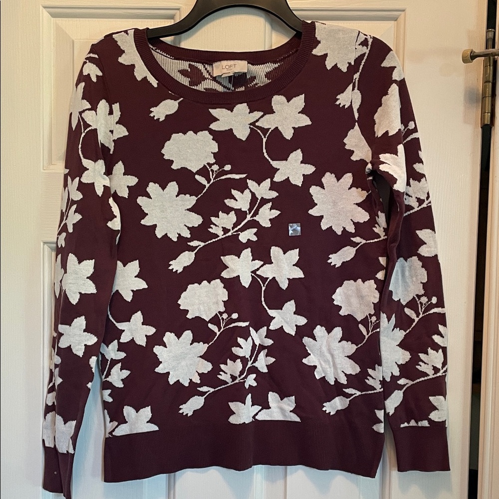 LOFT Maroon Crewneck Sweater with Cream Floral Jacquard